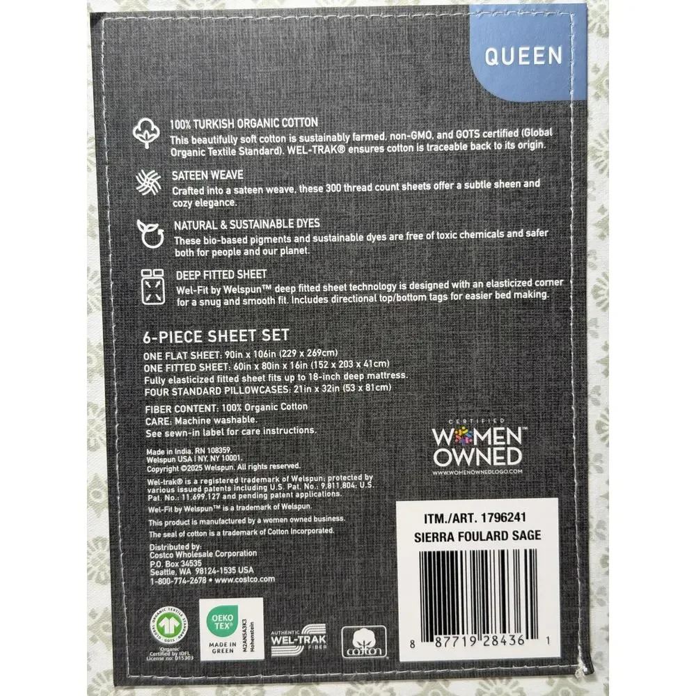 Purely Organic 300 TC 6 Pc 100% Turkish Organic Cotton Sierra Foulard Sage Queen